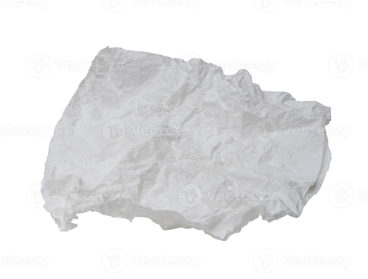 Single screwed or crumpled tissue paper or napkin in strange shape after use in toilet or restroom isolated on white background with clipping path photo