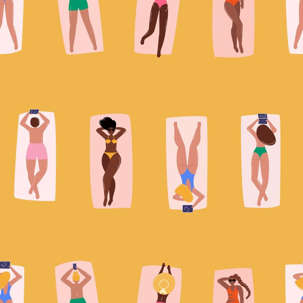 Seamless pattern with people sunbathing at beach vector illustration