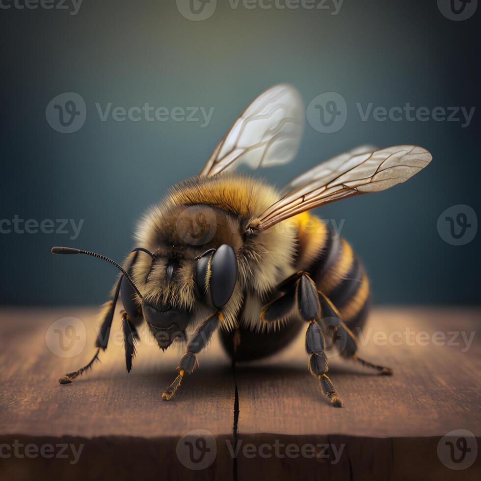 Closeup view of honey bee on the table, in a flight and on honeycomb. Useful insect photo