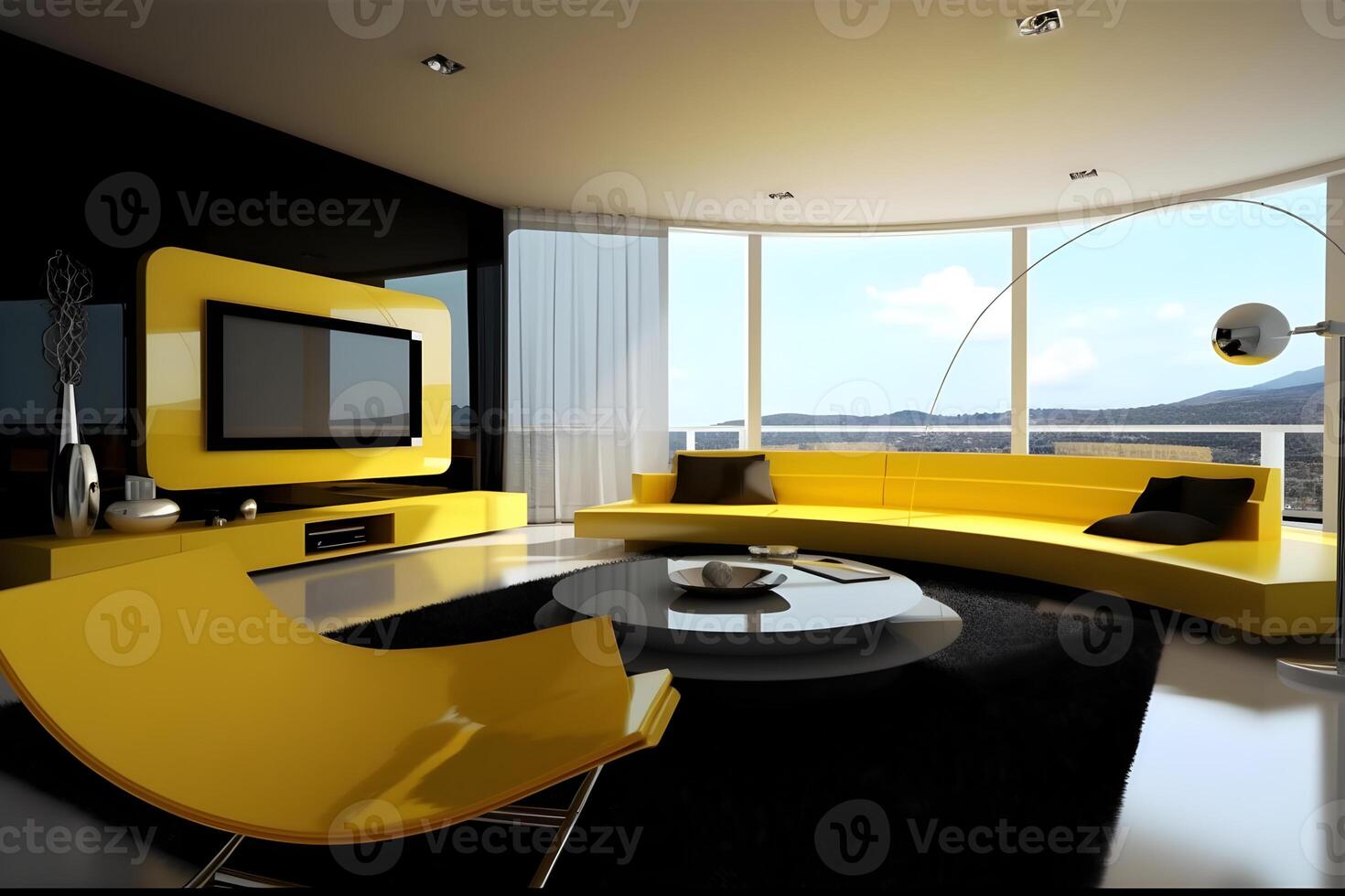 Modern hightech classical interior design living room in yellow tones and color photo