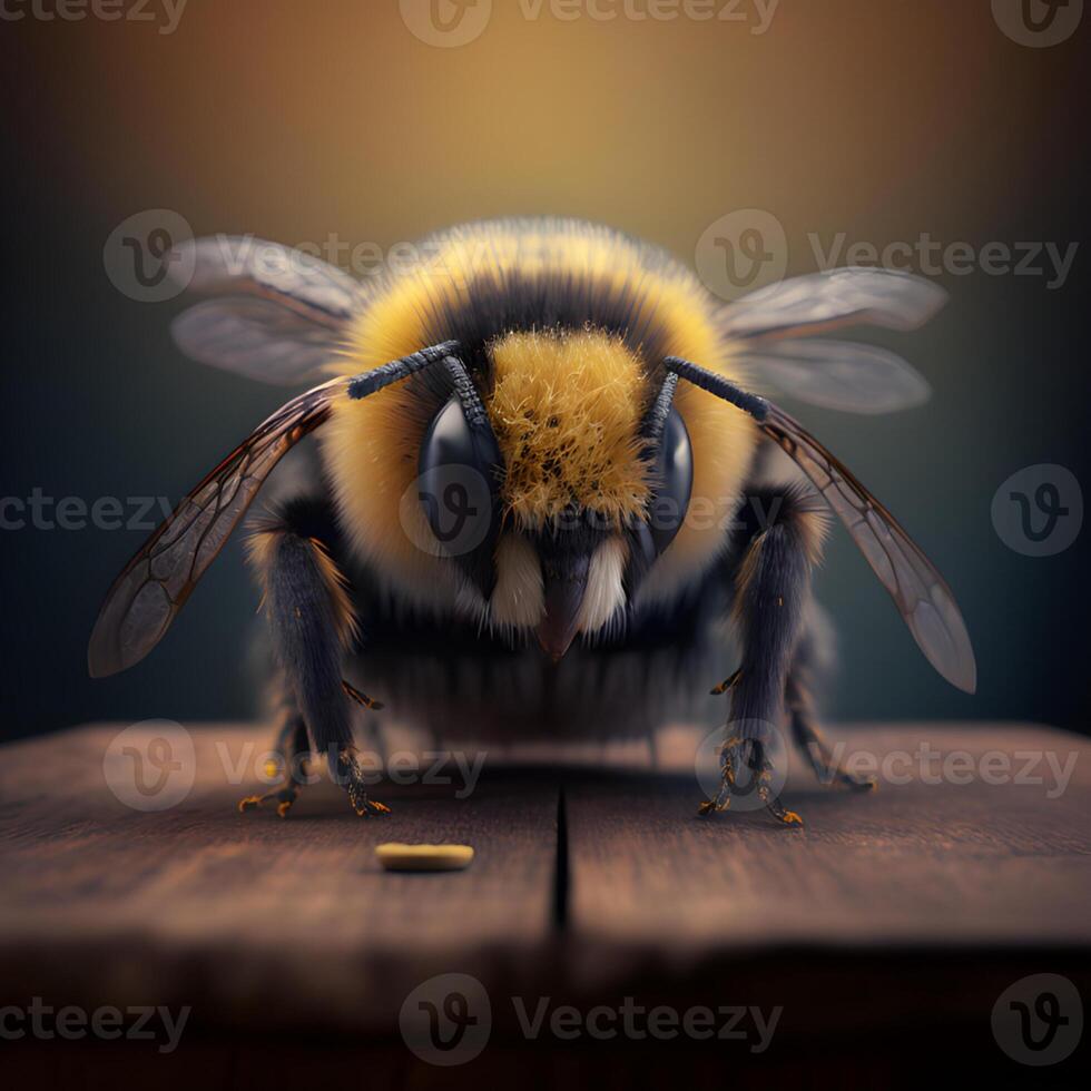 Closeup view of honey bee on the table, in a flight and on honeycomb. Useful insect photo