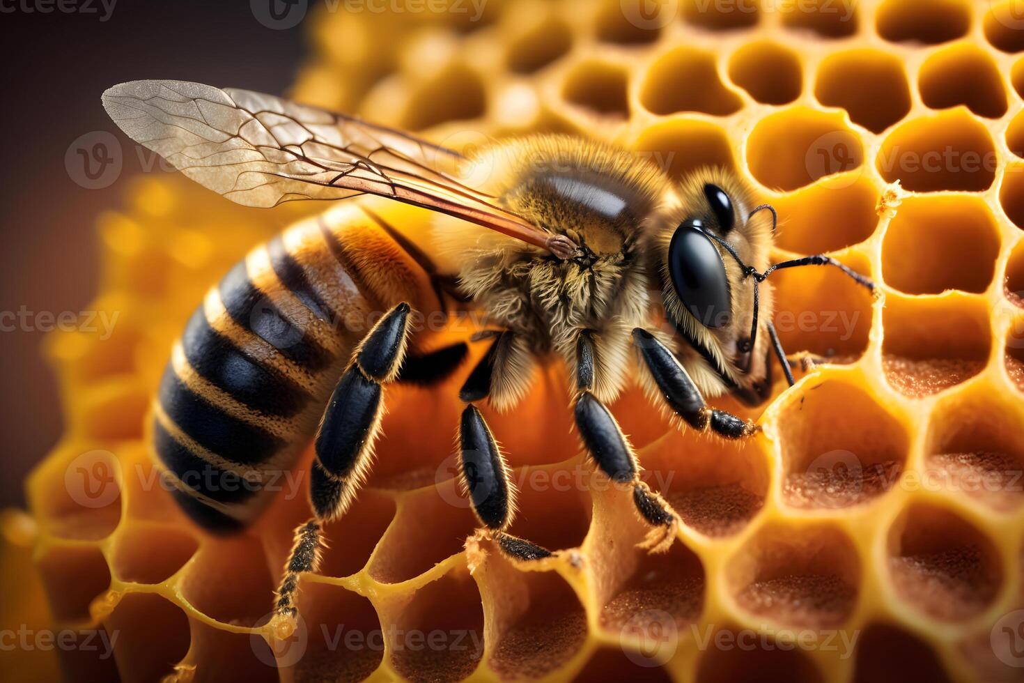 Closeup view of honey bee on the table, in a flight and on honeycomb. Useful insect photo