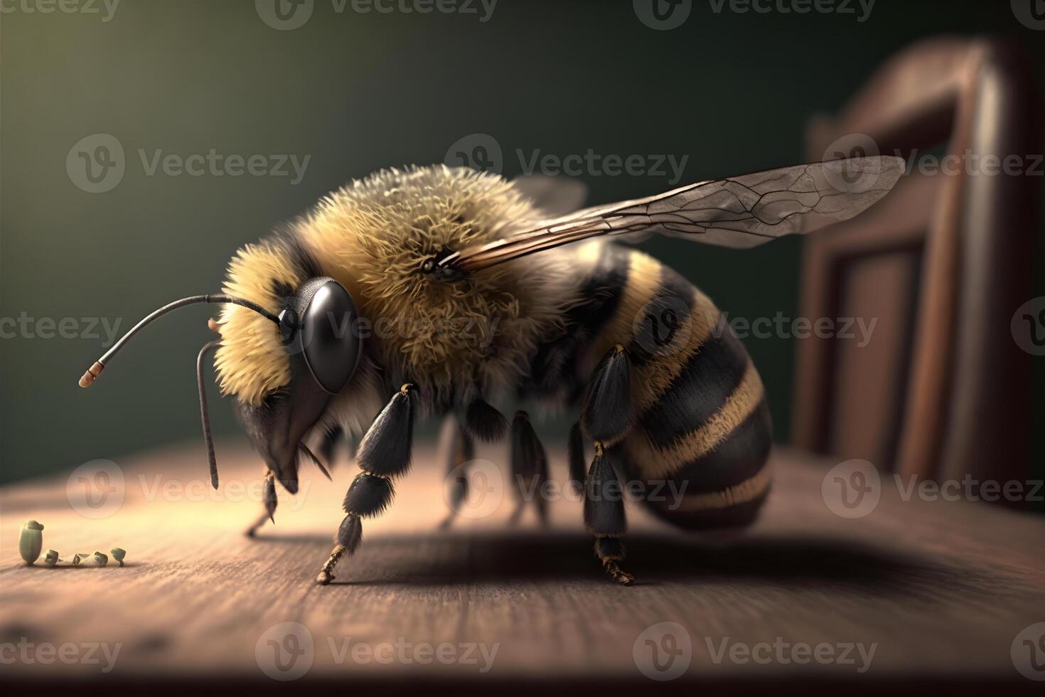 Closeup view of honey bee on the table, in a flight and on honeycomb. Useful insect photo