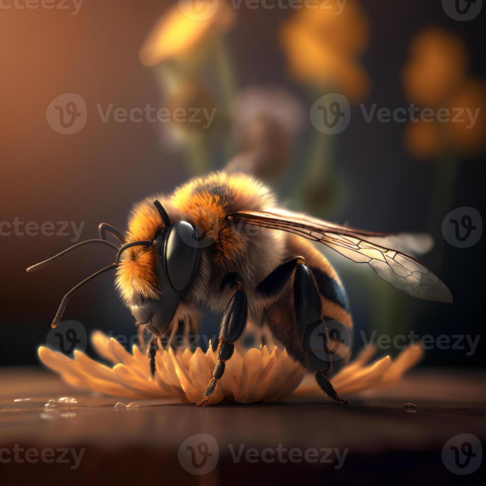 Closeup view of honey bee on the table, in a flight and on honeycomb. Useful insect photo