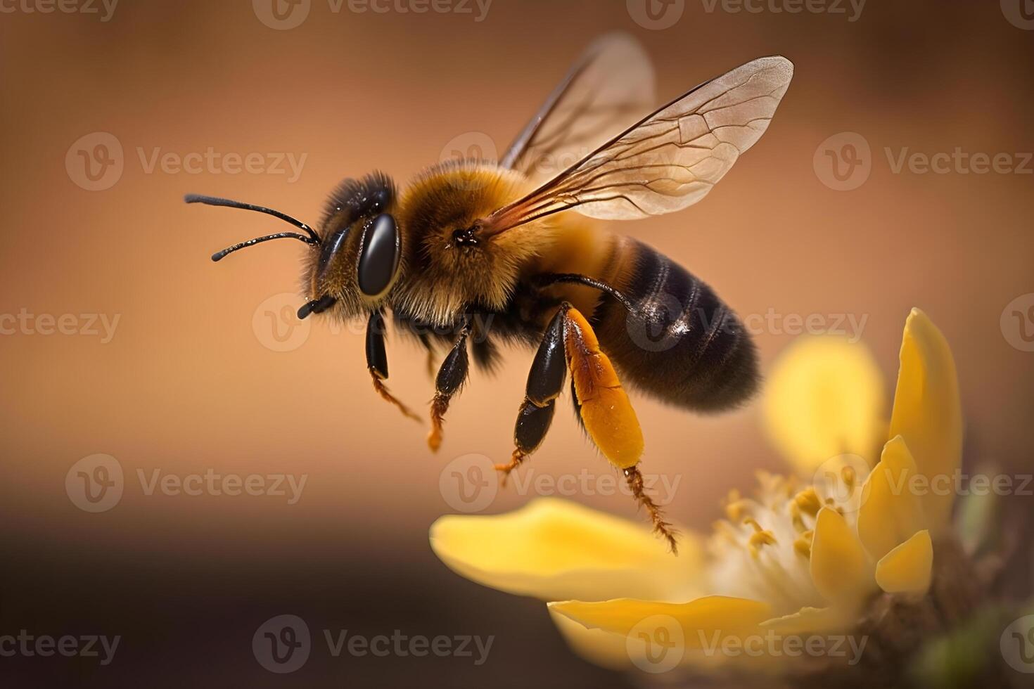 Closeup view of honey bee on the table, in a flight and on honeycomb. Useful insect photo