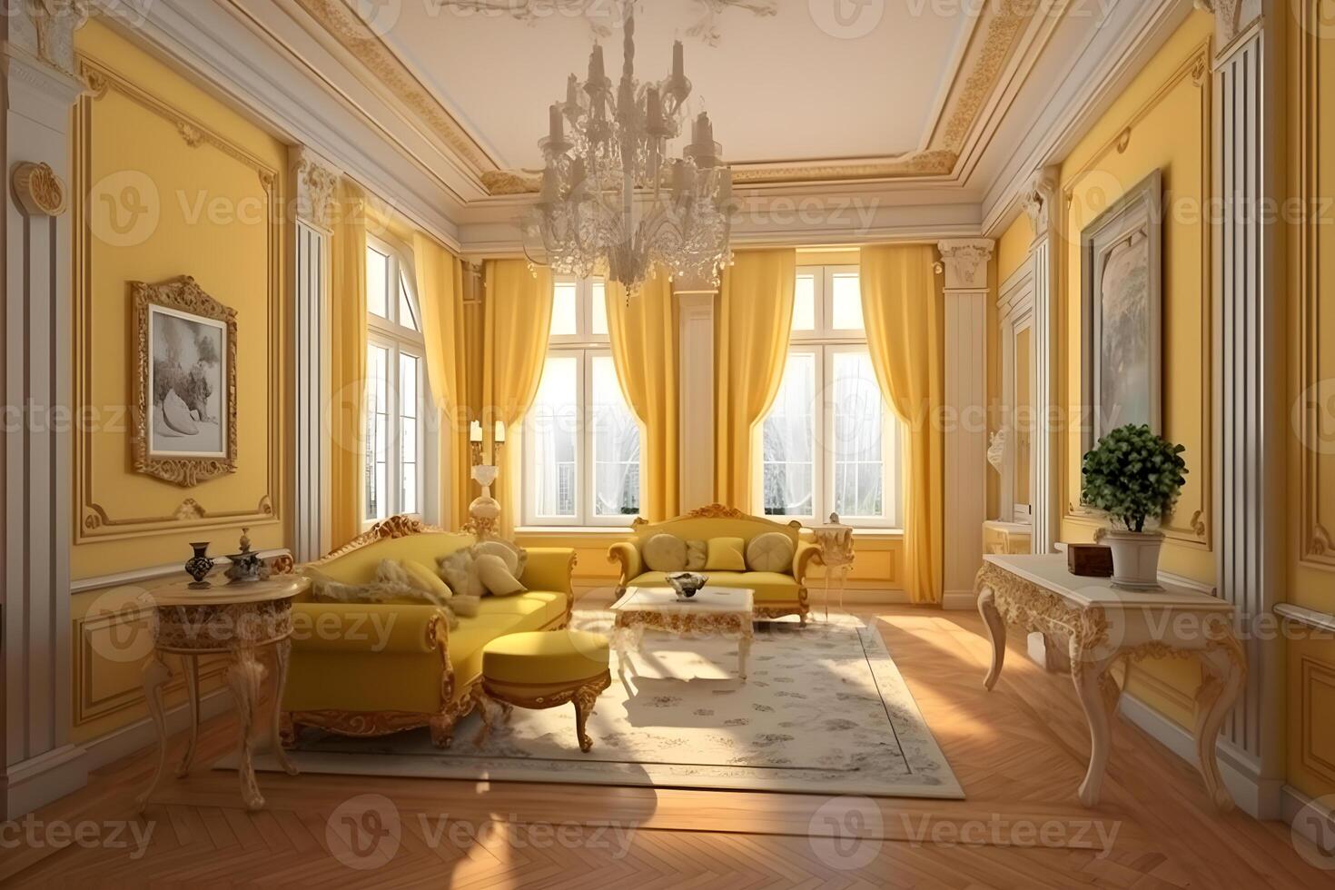 Modern hightech classical interior design living room in yellow tones and color photo