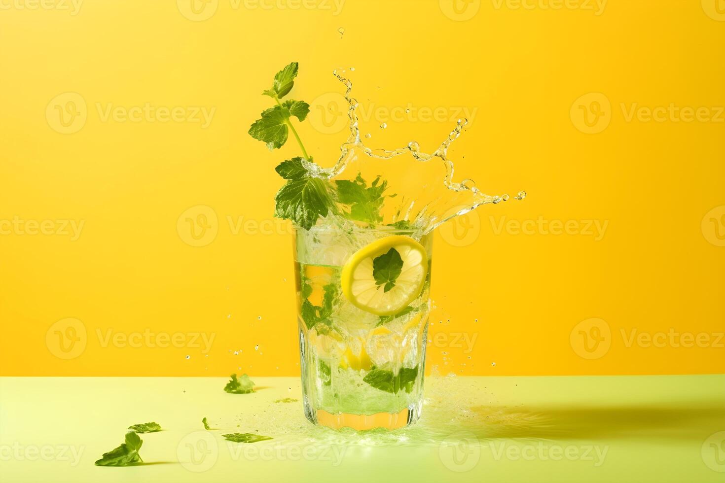 Wet glass of fresh cool cold mohito cocktail on the table at beach at summer time. Abstract surreal magic cocktail in space or other planet like mars. Under water ocean beverage. photo