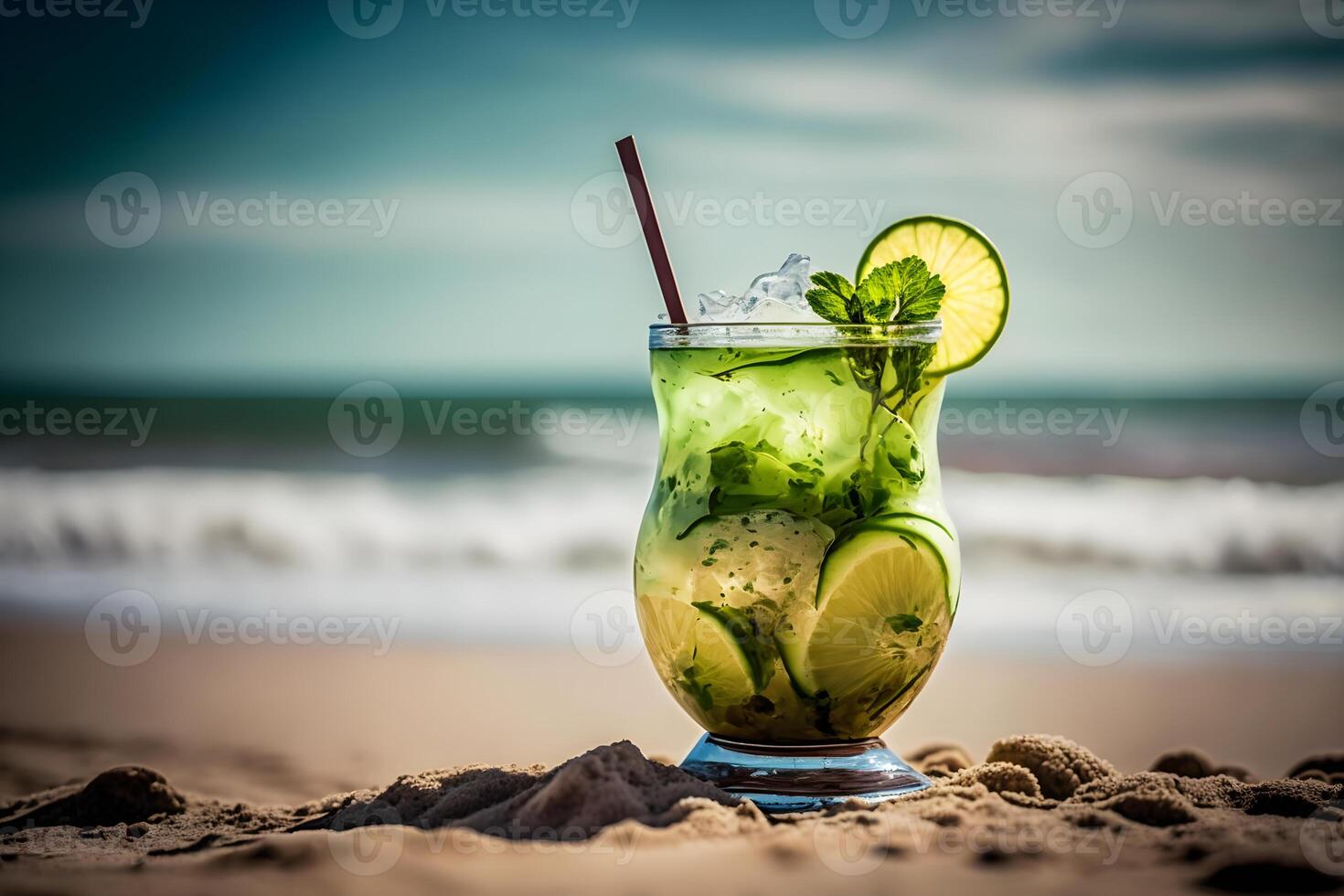 Wet glass of fresh cool cold mohito cocktail on the table at beach at summer time. Abstract surreal magic cocktail in space or other planet like mars. Under water ocean beverage. photo