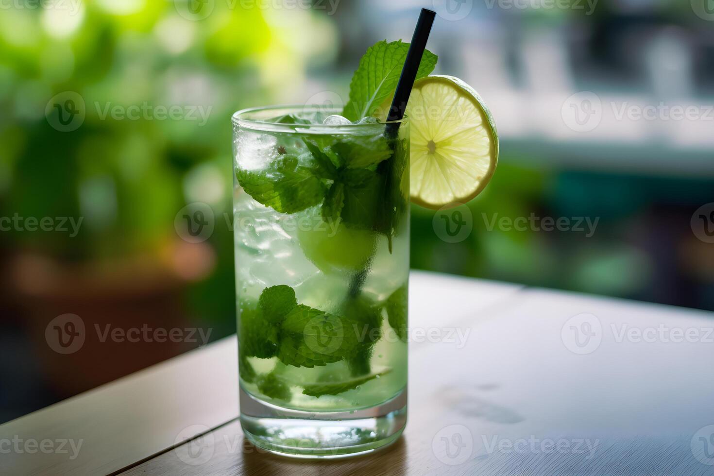 Wet glass of fresh cool cold mohito cocktail on the table at beach at summer time. Abstract surreal magic cocktail in space or other planet like mars. Under water ocean beverage. photo