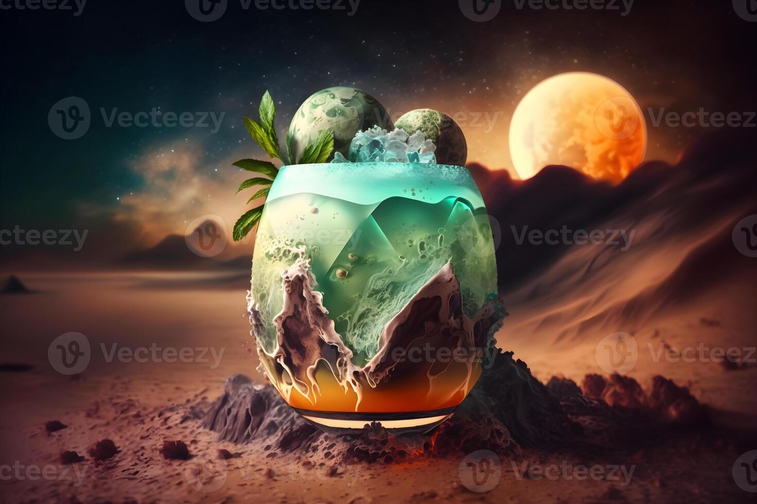 Wet glass of fresh cool cold mohito cocktail on the table at beach at summer time. Abstract surreal magic cocktail in space or other planet like mars. Under water ocean beverage. photo