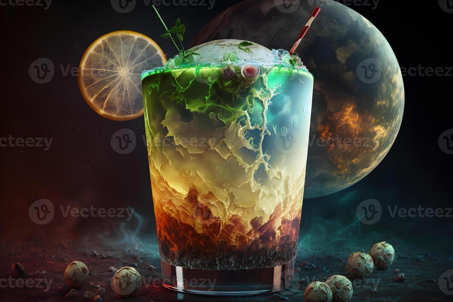 Wet glass of fresh cool cold mohito cocktail on the table at beach at summer time. Abstract surreal magic cocktail in space or other planet like mars. Under water ocean beverage. photo