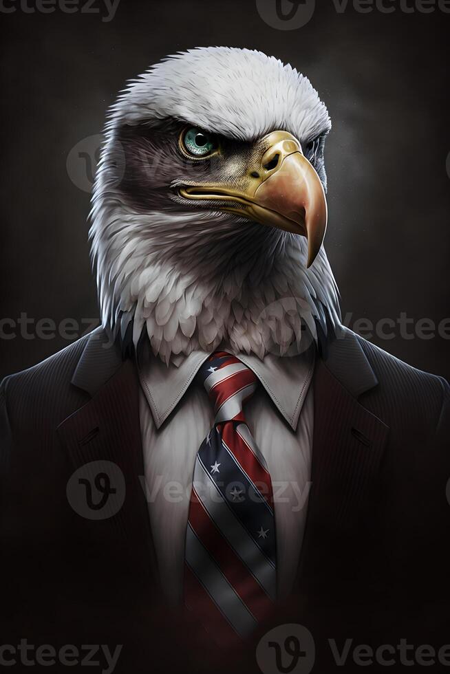 Portrait of eagle in black suit white t-shirt, usa flag tie. Abstract personage on the grey background. photo