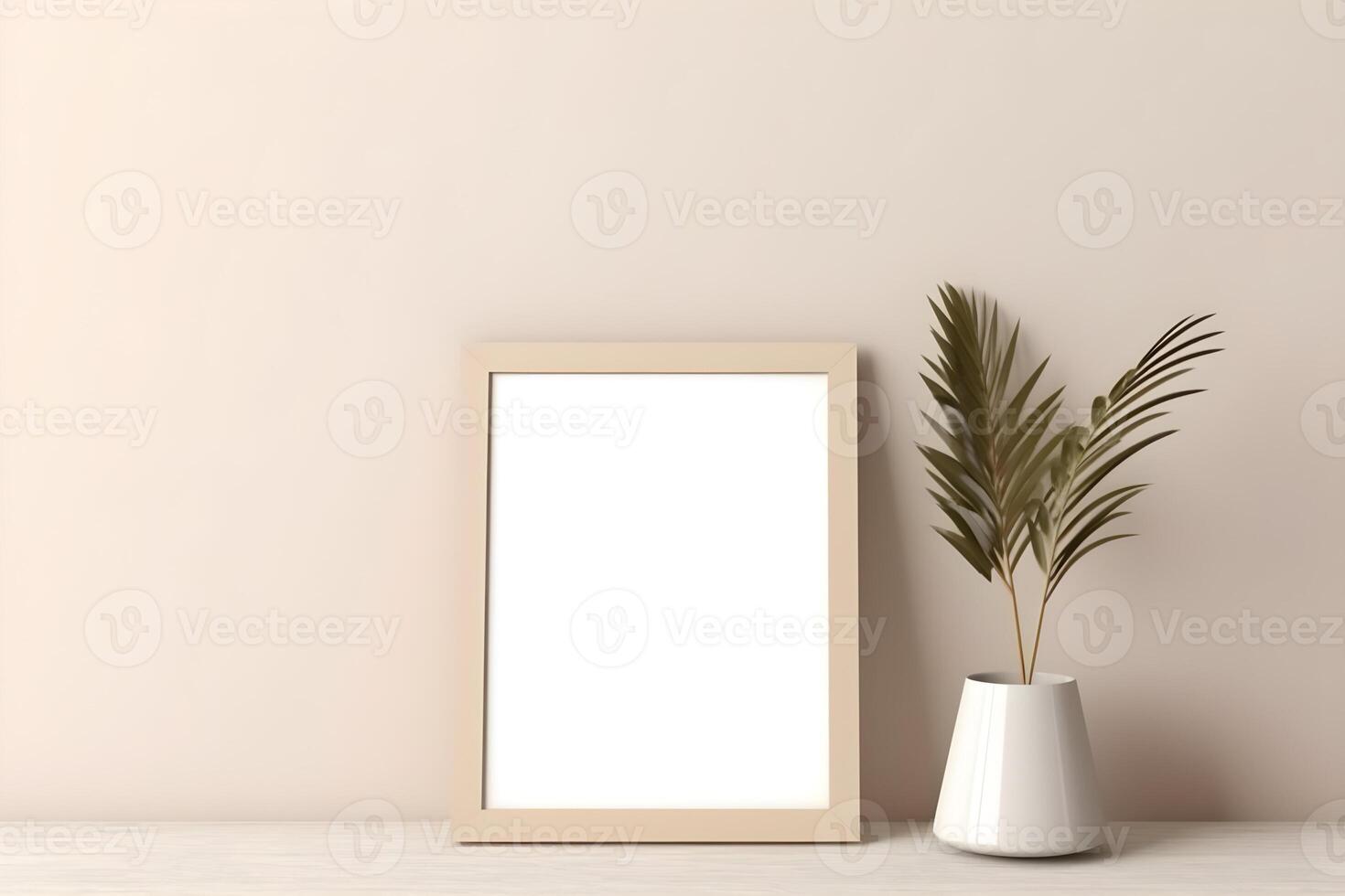 frame biege empty mockup in minimalist interior with plants nearby on biege background photo