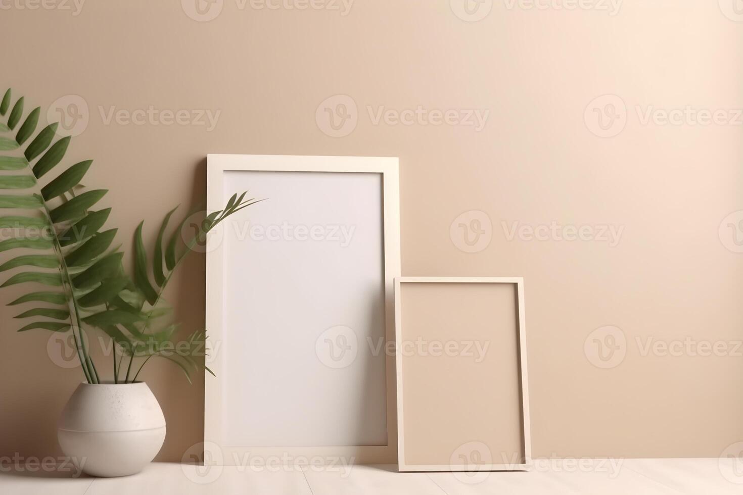 ai generado marco biege vacío Bosquejo en minimalista interior con plantas cerca en biege antecedentes foto