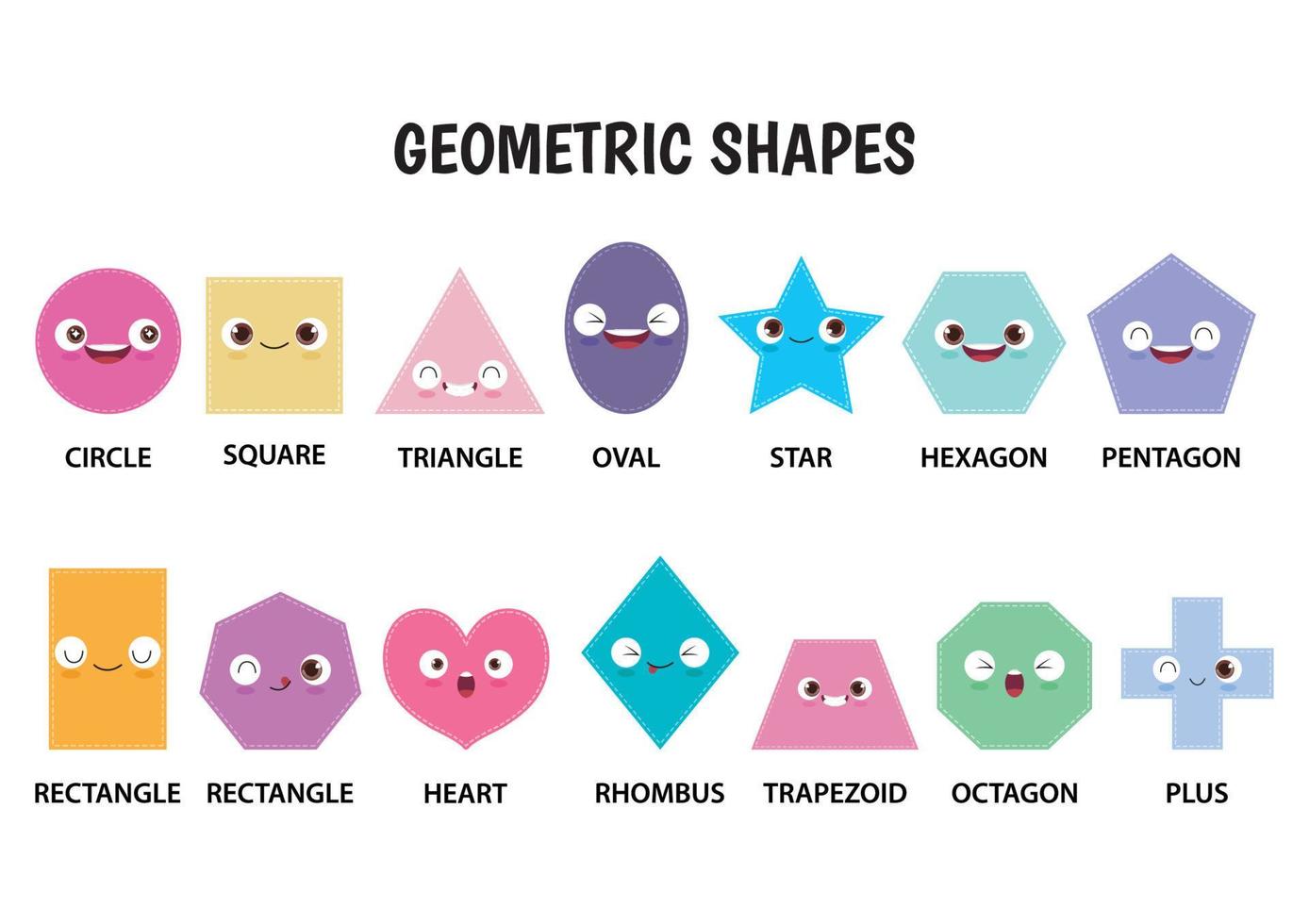 Big Set of Various Geometric Shapes with Face Emotions. Different shapes for Flash Cards Flat icon Style Vector illustration for kids. Cute funny characters. All elements are isolated