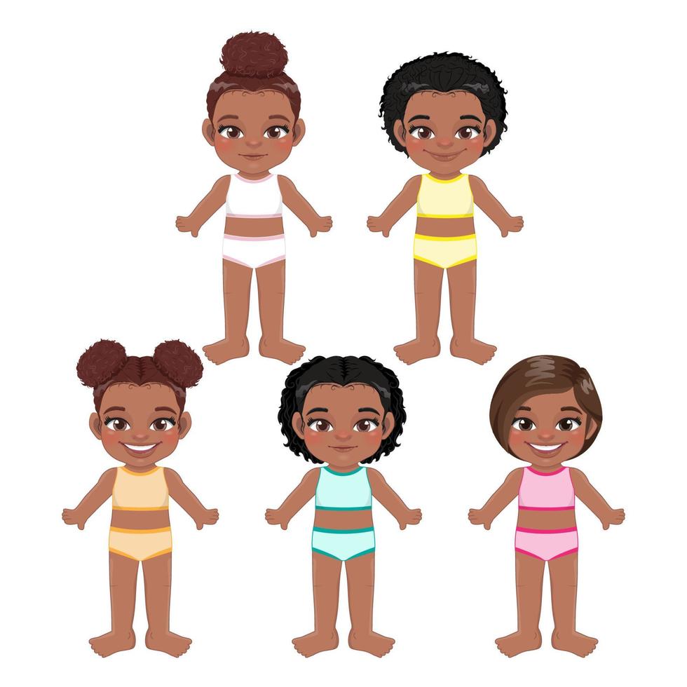 Set of American African girls body front side template. Black girls in women s tank top and panties isolated on white background vector