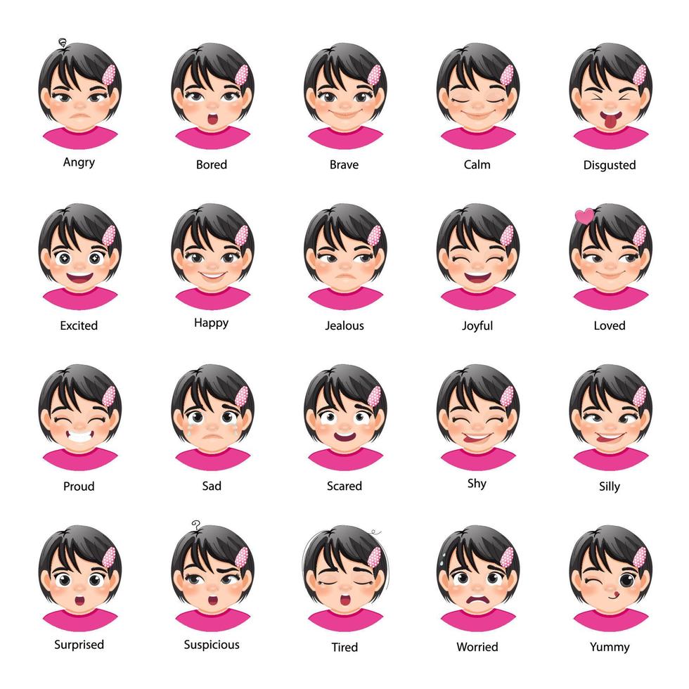 Set of different facial expressions a little girl character. Collection of young woman feelings. Cute girl emoji with various emotions. Asian girl portrait vector