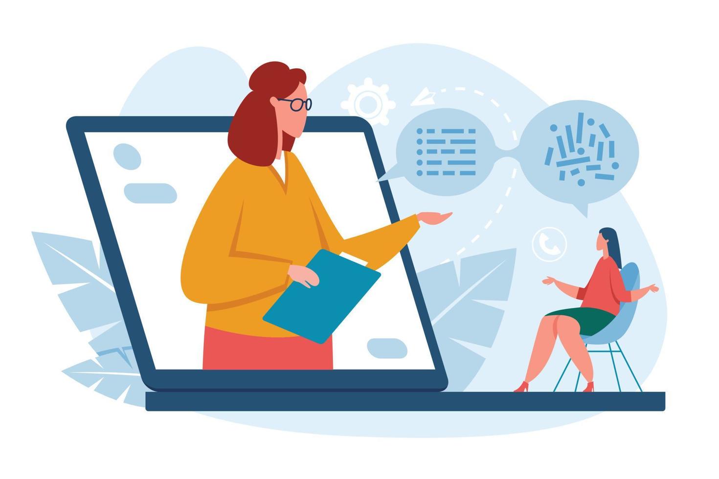 Online therapy, psychological counseling, psychotherapy session via internet. Therapist talking with patient in video chat vector concept