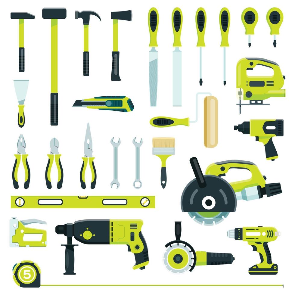 construcción trabajo herramientas, carpintería equipo para refacción o edificio renovación. destornillador, llave inglesa, martillo, circular Sierra plano vector conjunto