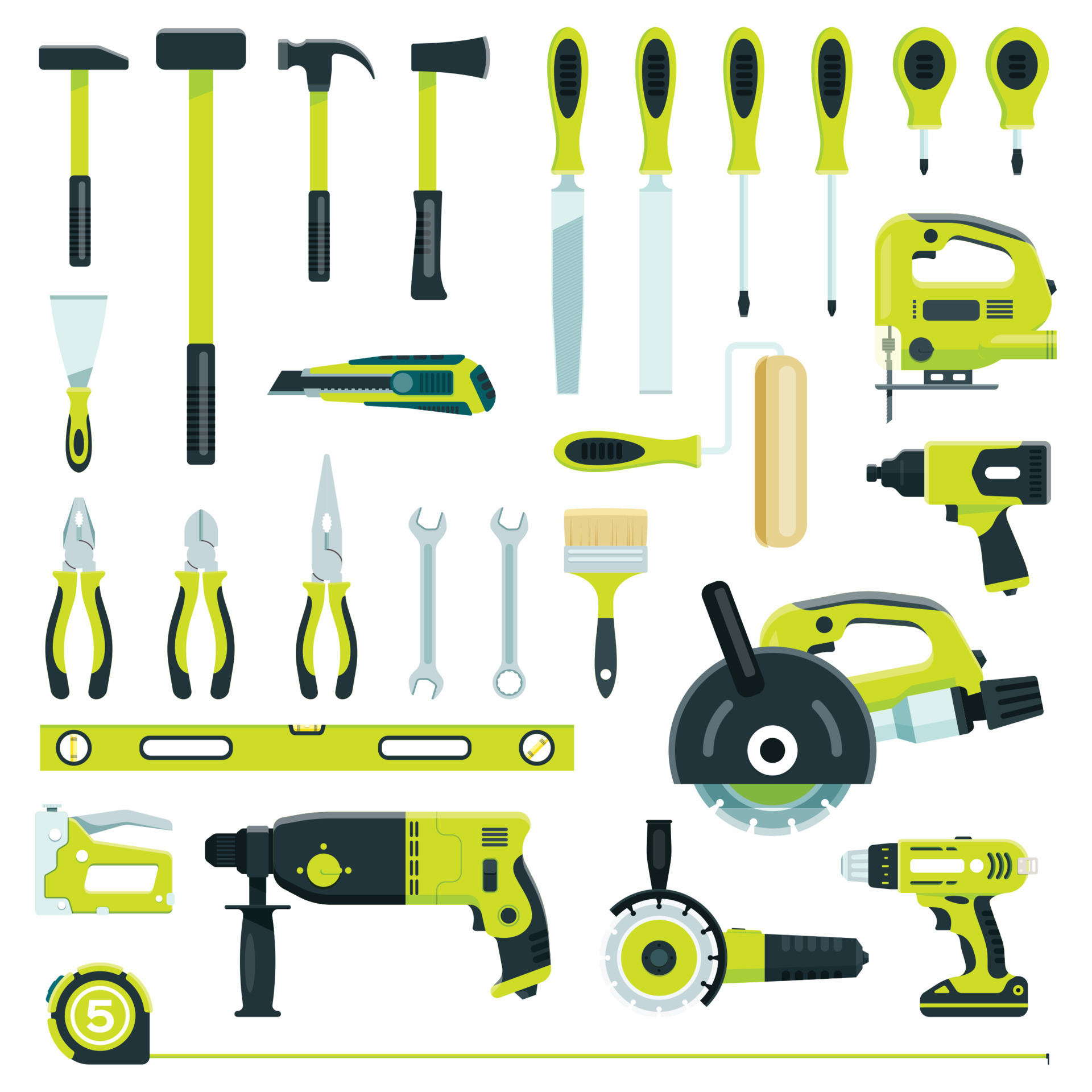Construction work tools, carpentry equipment for repairs or building