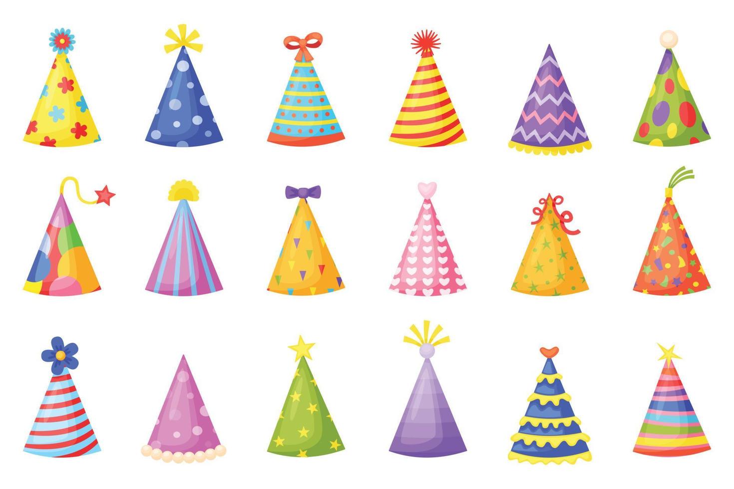 Cartoon birthday party hats, holiday celebration paper cones. Funny christmas striped party caps with colorful decorations vector set