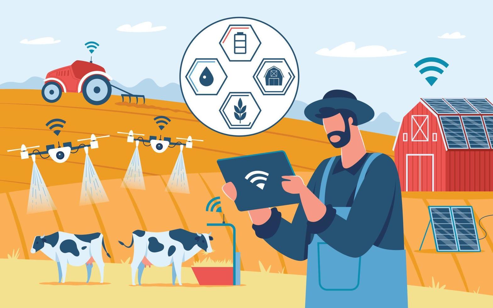 Smart farming, innovative farming technology, agricultural drones. Ecological solar powered farm, agriculture automation vector illustration