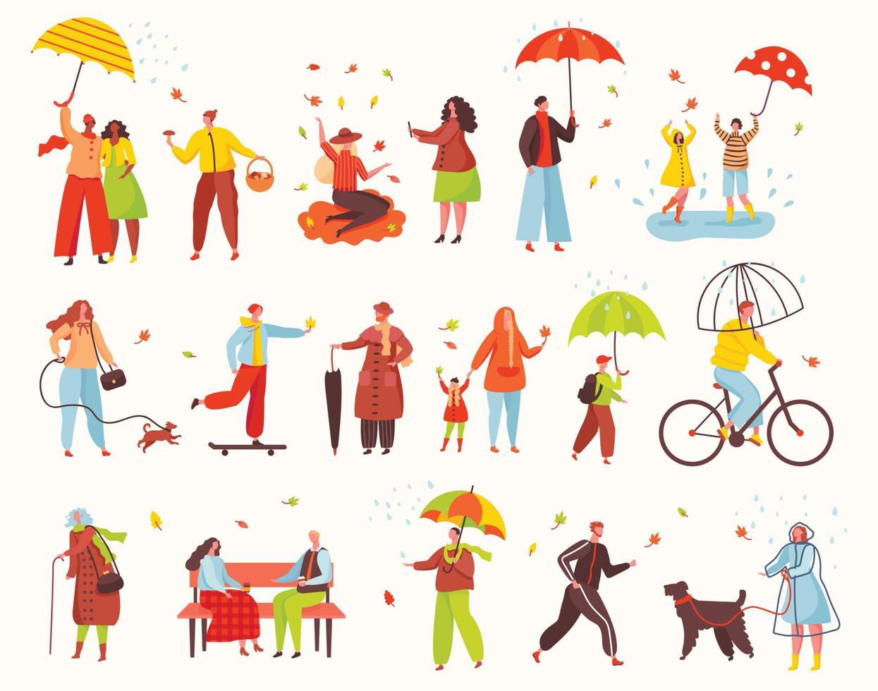 People walking with umbrellas under rain in autumn season park. Characters in warm clothes riding bike, walking dog. Fall activities vector set