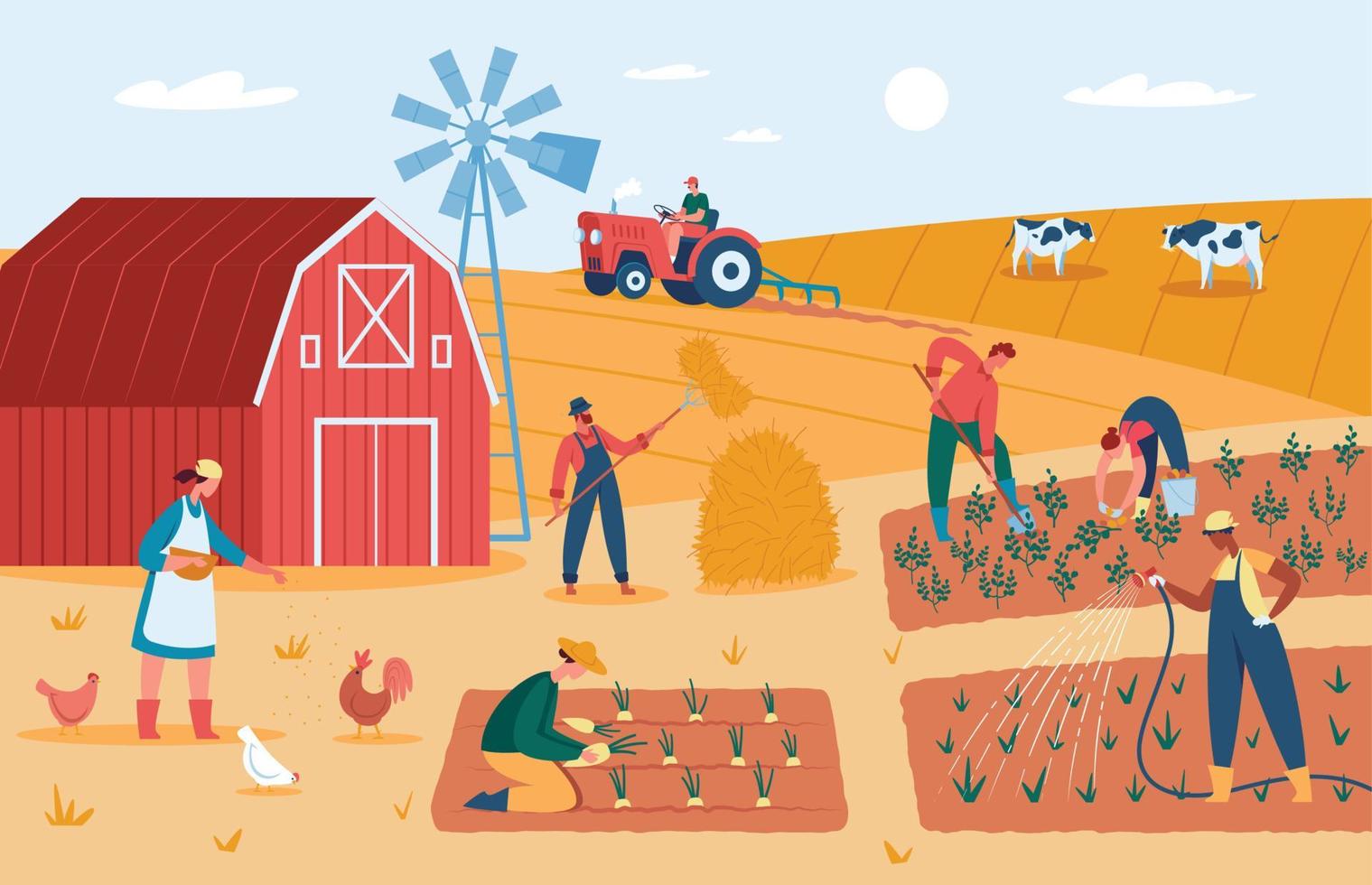 agricultores trabajando a granja, cosecha cultivos, alimentación animales campo tierras de cultivo con granero, molino, jardín y campo vector ilustración