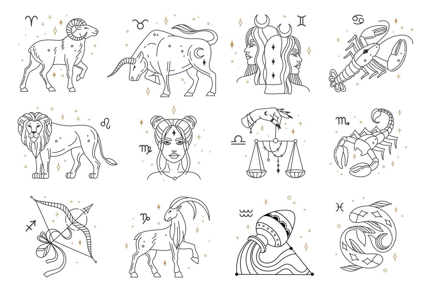 Horoscope zodiac signs, astrology constellations symbols. Lion, pisces, capricorn, libra, cancer, sagittarius astrological sign vector set