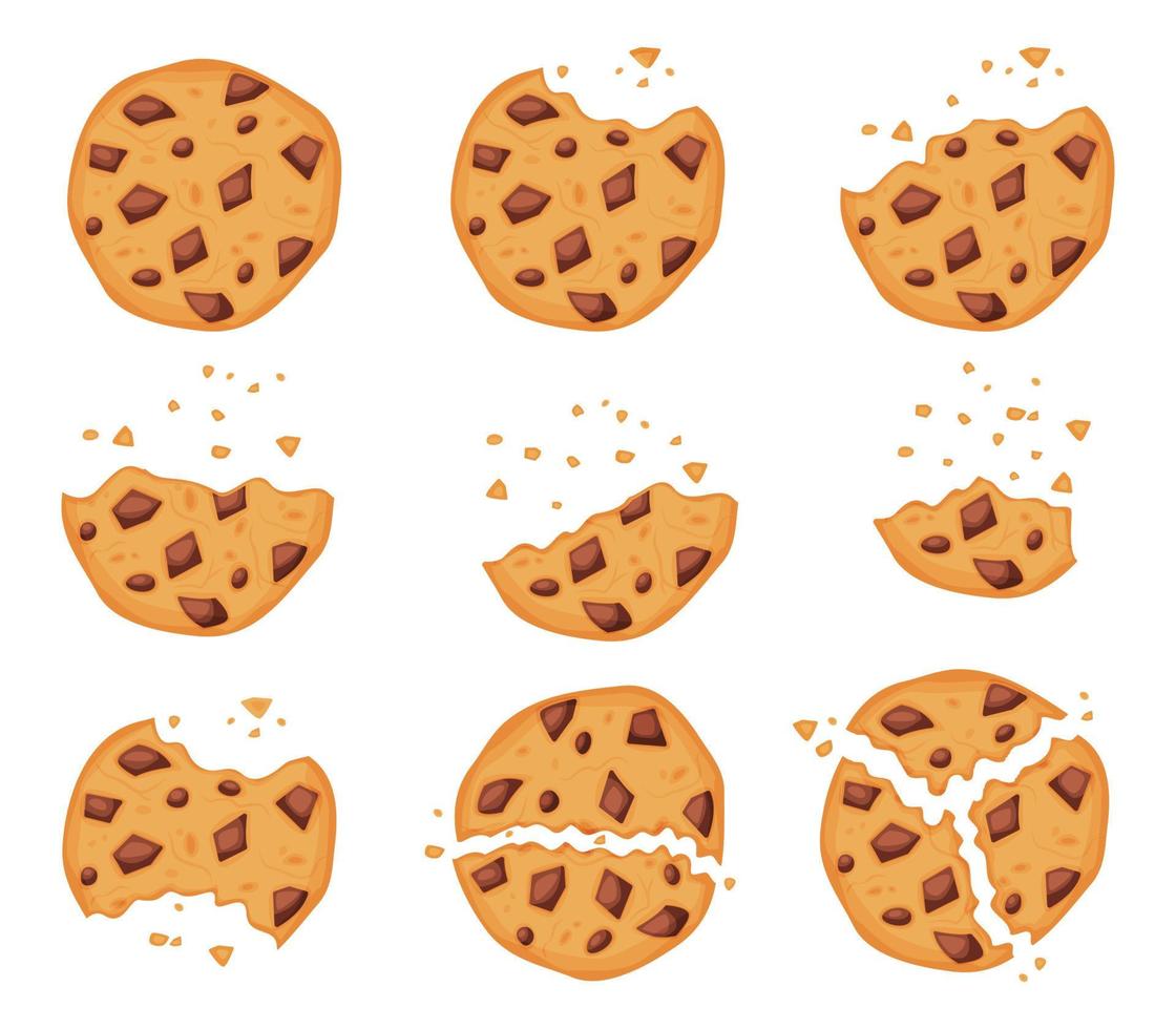 Crumbled oatmeal cookies with chocolate chips, bitten biscuit. Cartoon broken cookie pieces, sweet crisp biscuits with crumbs vector set