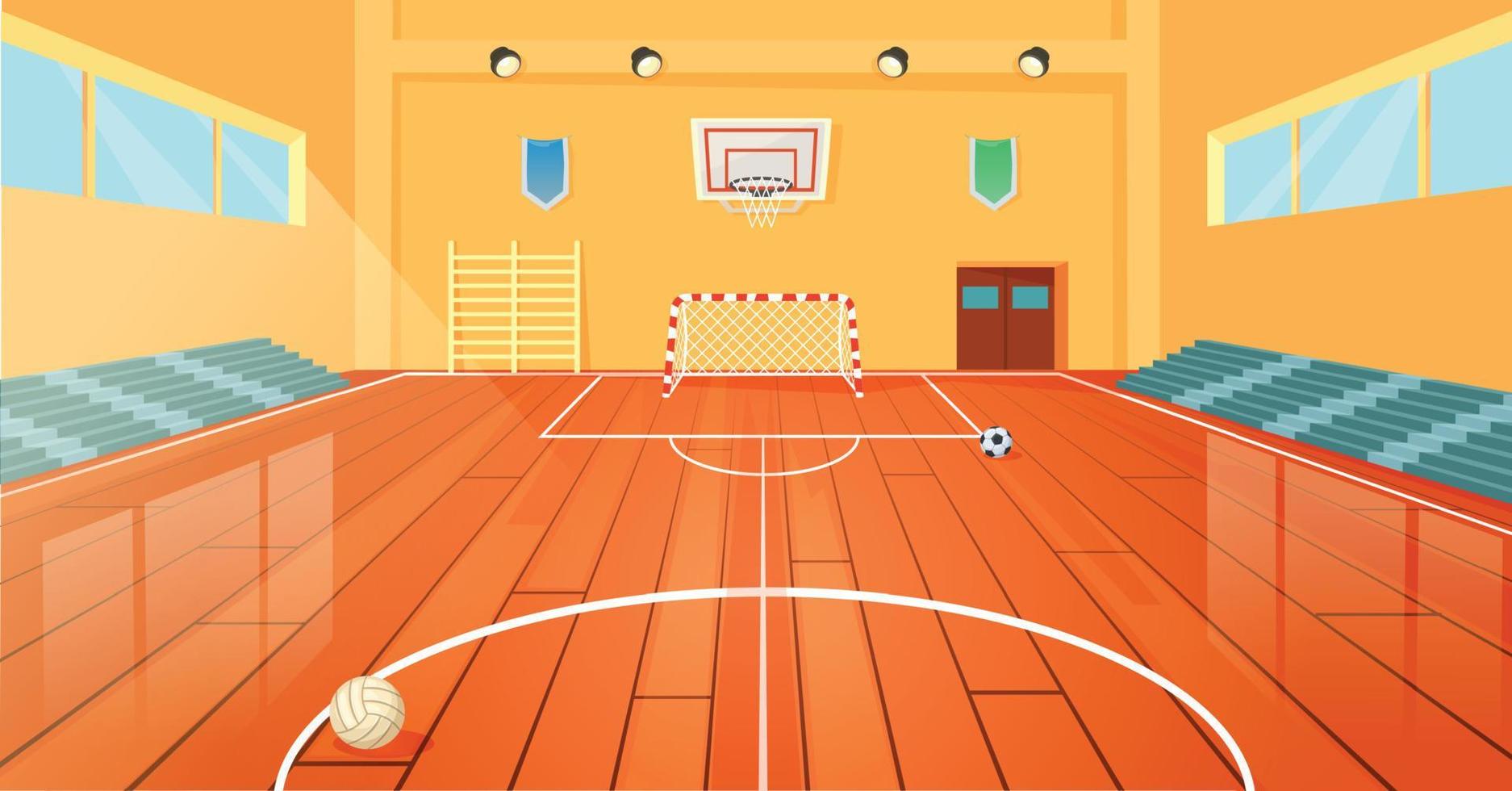 Cartoon school basketball gym, indoor sports court. Empty university gymnasium with basketball hoop and sport equipment vector illustration