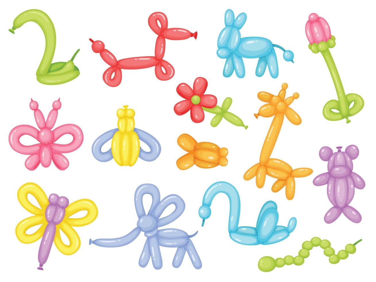 Cartoon balloon animals, colorful balloons for kids birthdays celebration. Funny animal toys giraffe, butterfly, birthday party decor Vector set