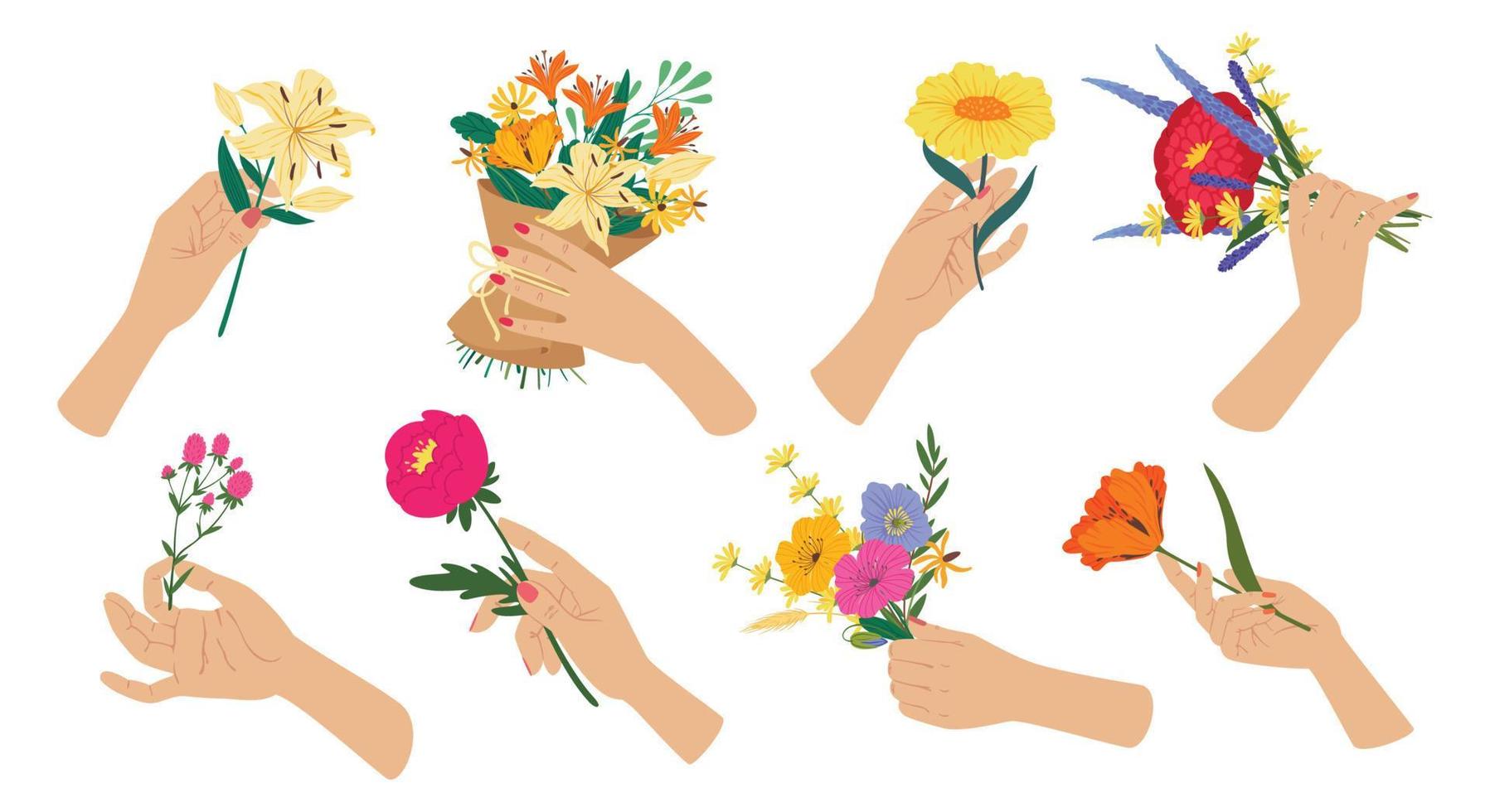 Woman hand holding flower bouquet, spring flowers in hands. Beautiful blooming bouquets, mothers day gifts, romantic presents vector set