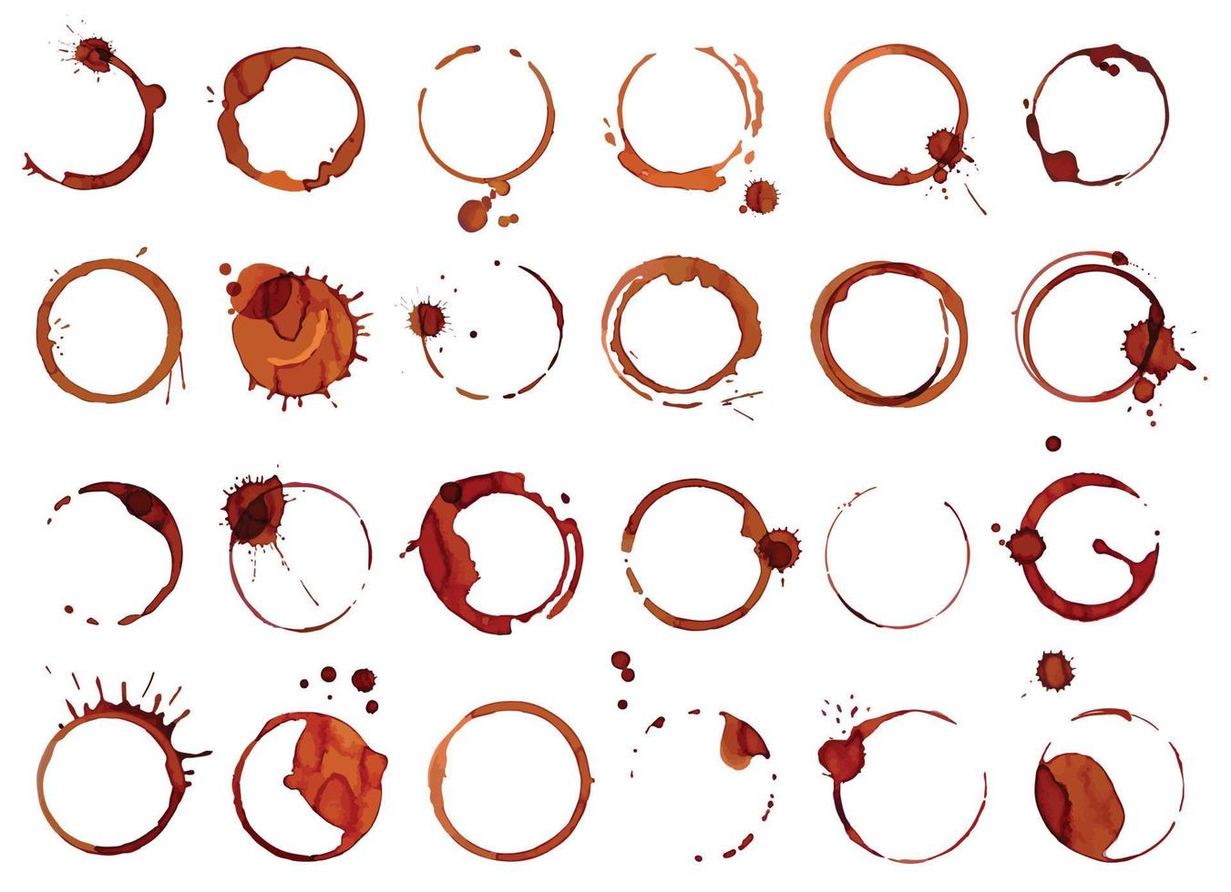 Coffee stains, cup ring splashes and circle stamps. Tea or coffee round spill stain and splatter, brown dirty mug rings marks vector set