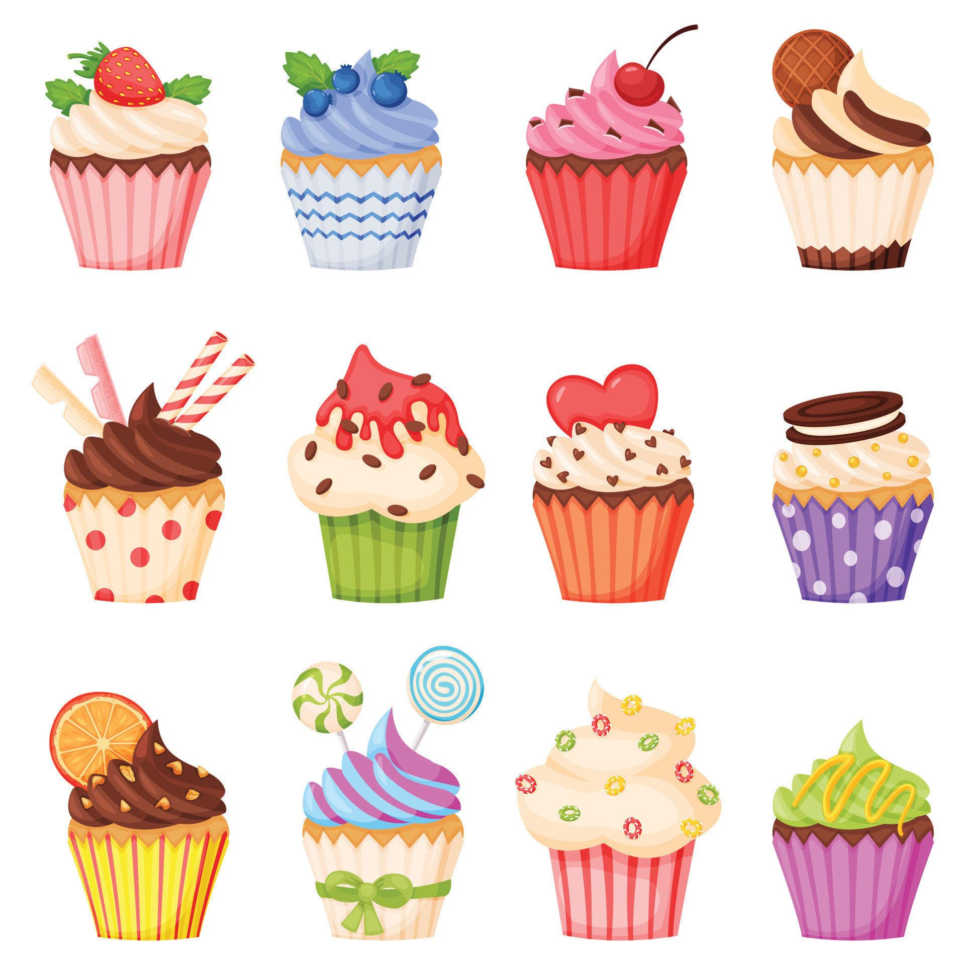 Cartoon cupcake with various toppings, delicious sweet desserts. Muffins or cupcakes  with chocolate cream, fruits. Confectionery vector set 22967805 Vector Art  at Vecteezy