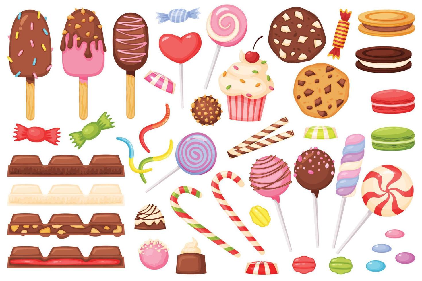 dibujos animados dulces, dulces, postres, piruletas, chocolate. dulce, magdalena, macarrón, hielo crema, jalea gusano. dulce confitería postre vector conjunto