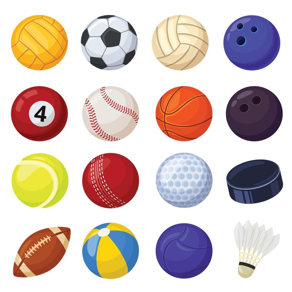 Cartoon sport balls, different sports games equipment. Soccer, volleyball, golf, football, baseball, billiard, cricket, rugby, hockey vector set