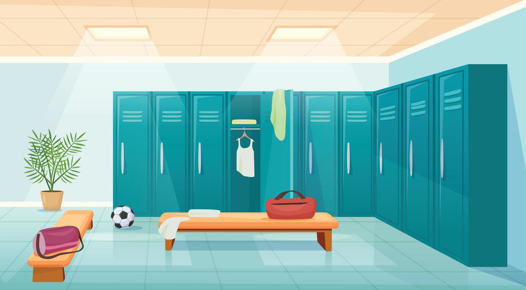 Gym changing room with lockers, school sports locker room. Cartoon empty university sports club wardrobe interior vector illustration