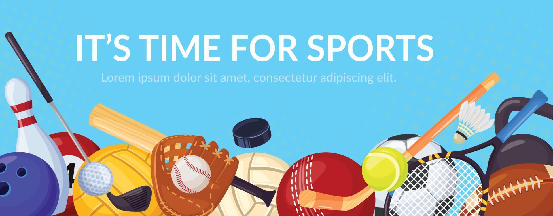 Sport games banner with sports equipment. Tennis, volleyball, football. Cartoon ball games sporting activity, healthy lifestyle vector background