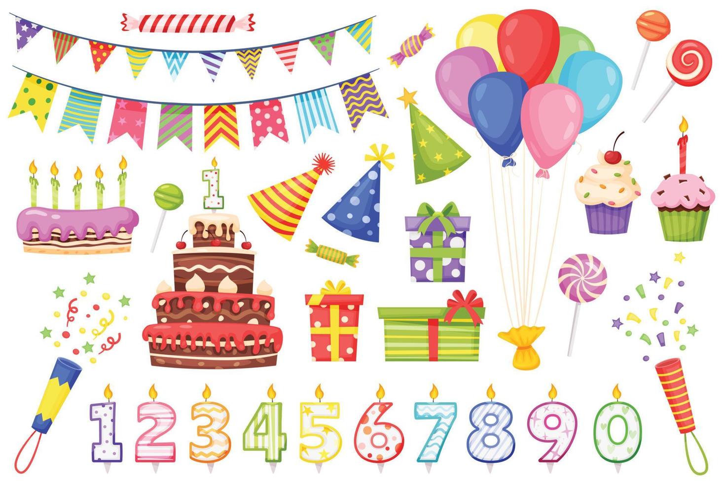 dibujos animados cumpleaños fiesta decoración elementos, pasteles con velas vistoso verderón banderas, globos, fiesta sombreros, regalo cajas, golosinas vector conjunto