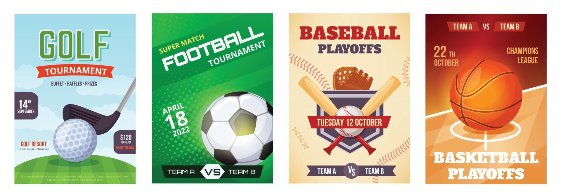 Sports game tournament poster, basketball playoff announcement flyer. Golf, football, baseball sport advertising posters vector template set