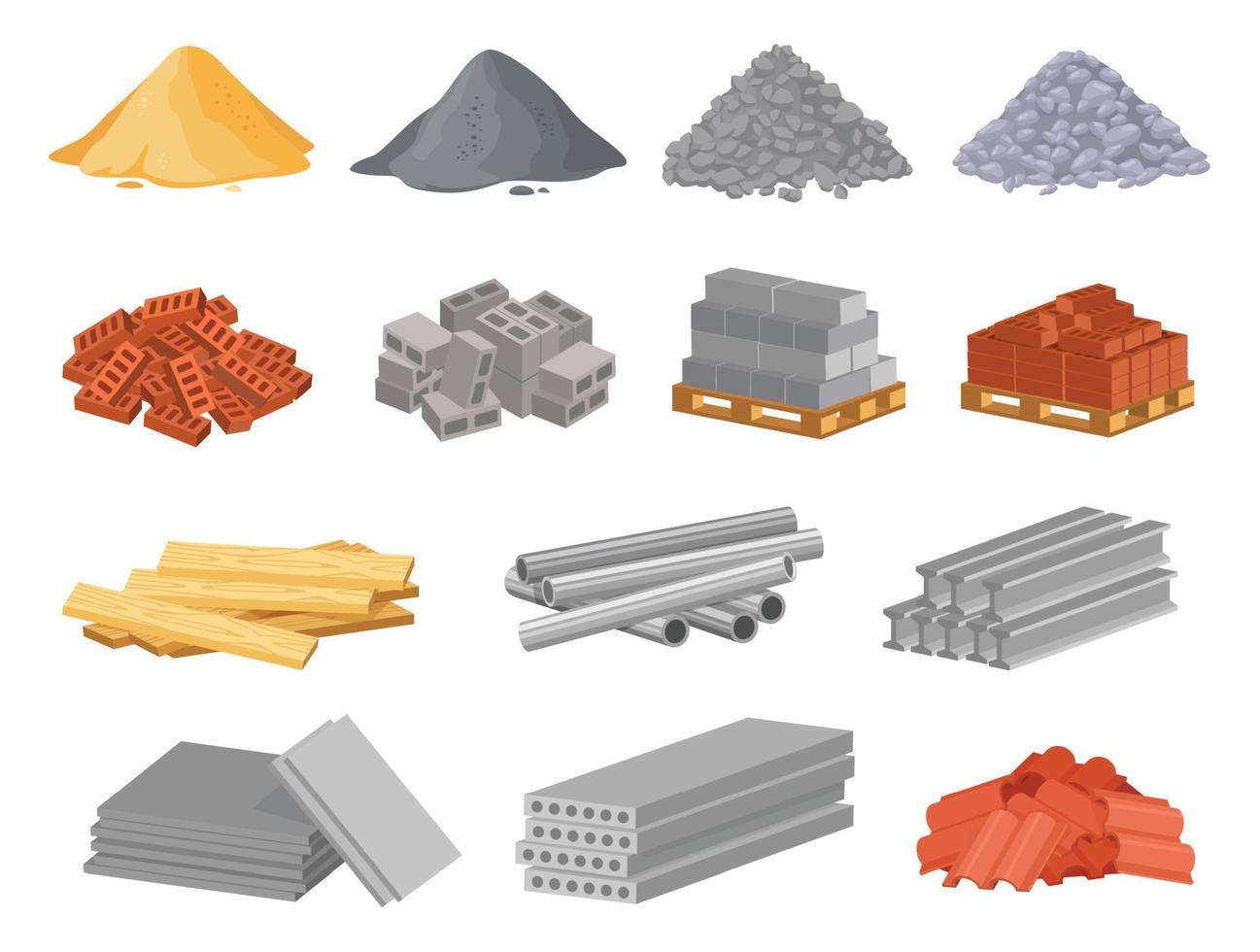 Cartoon construction building materials, sand and gravel pile. Brick stacks, metal pipes, cement. Building supplies for renovation vector set