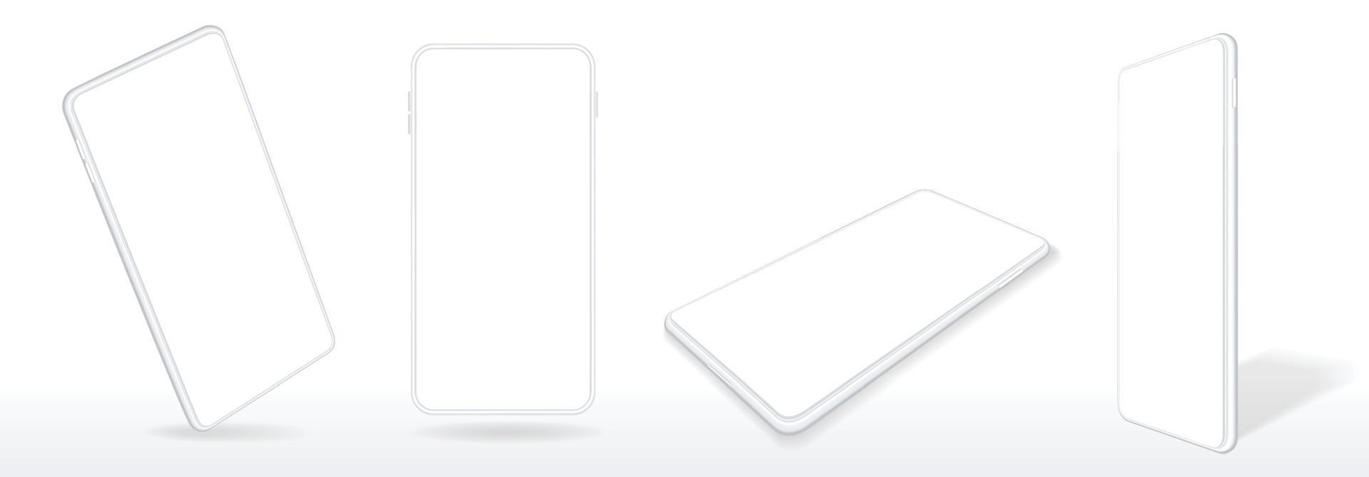 realista teléfono inteligente Bosquejo, 3d móvil teléfono, dispositivo pantalla. minimalista blanco teléfonos inteligentes dispositivos con blanco pantallas en perspectiva vector conjunto