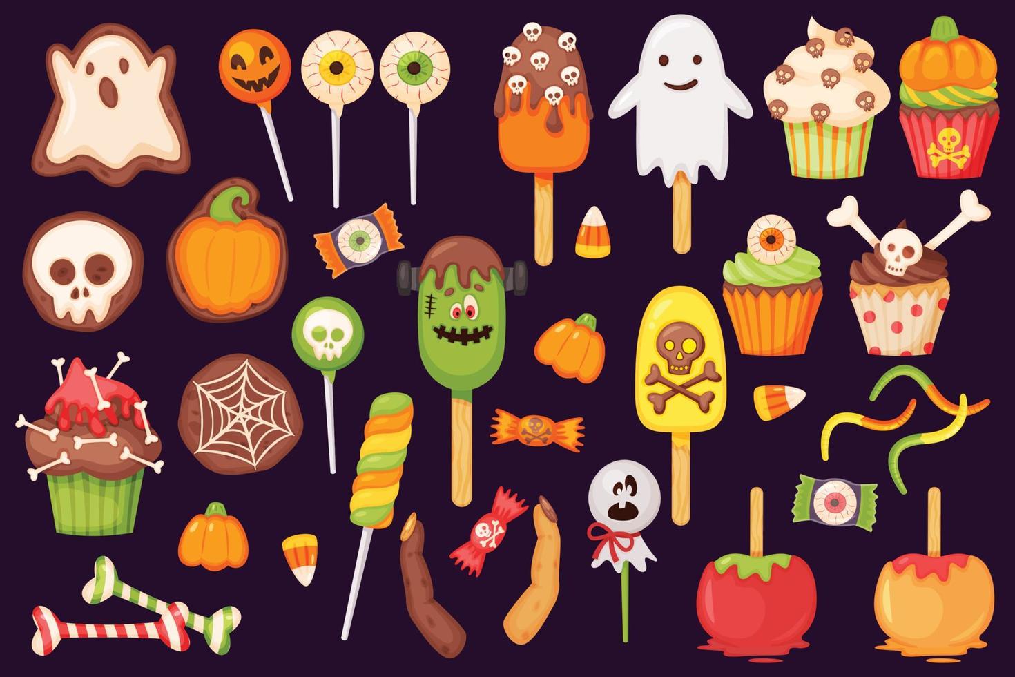 Cartoon halloween candies and sweets, lollipops and cupcakes. Caramel apple, pumpkin and ghost cookie. Autumn holiday sweet treats vector set