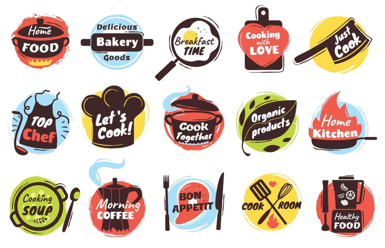 Cooking lettering logo, kitchen utensils labels with quotes. Culinary doodles, cook badges for street food festival poster or menu vector set