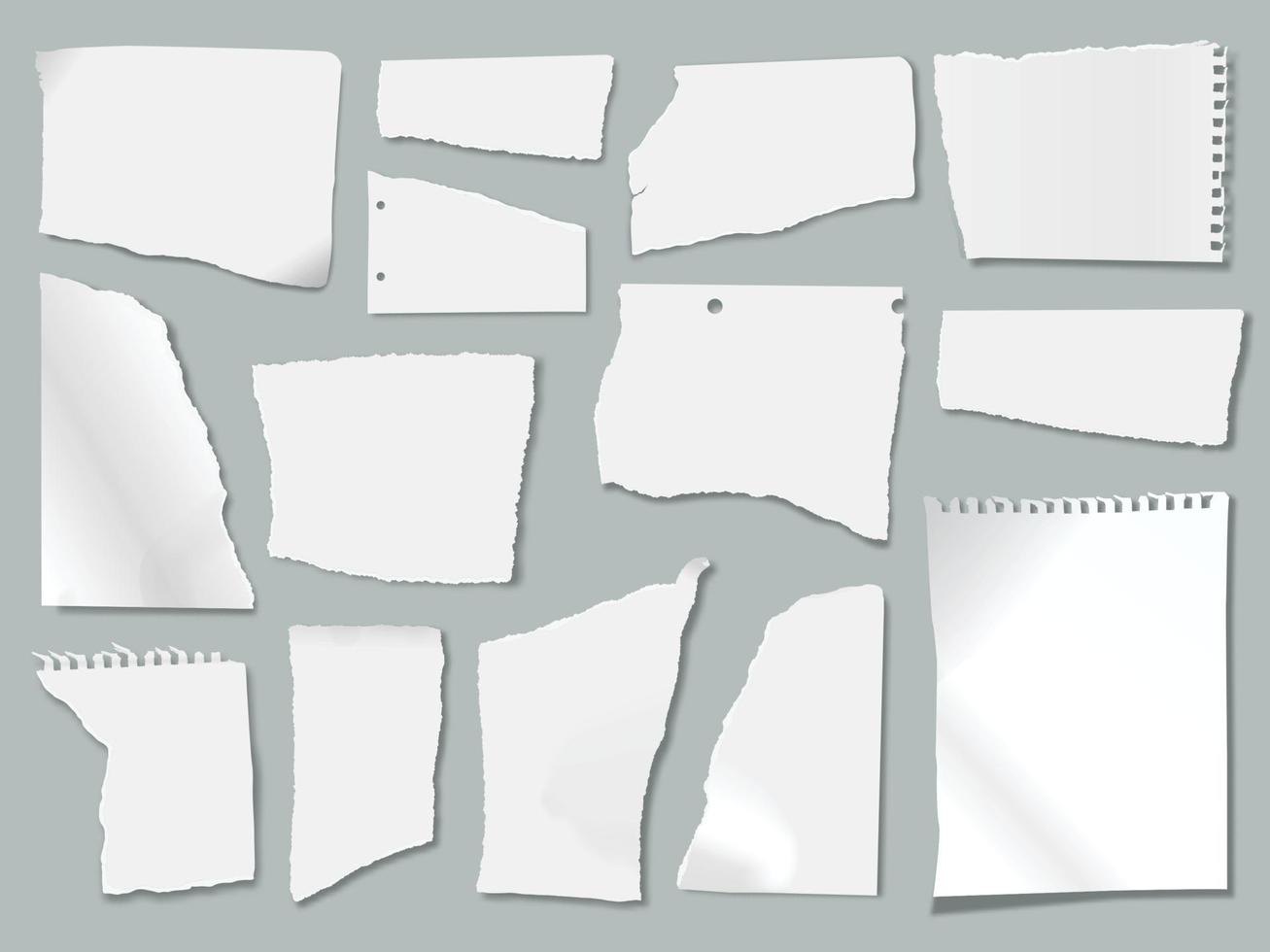 rasgado papel residuos con Rasgado bordes, harapiento documentos piezas. realista blanco estropeado cuaderno hojas, triturado página tiras vector conjunto