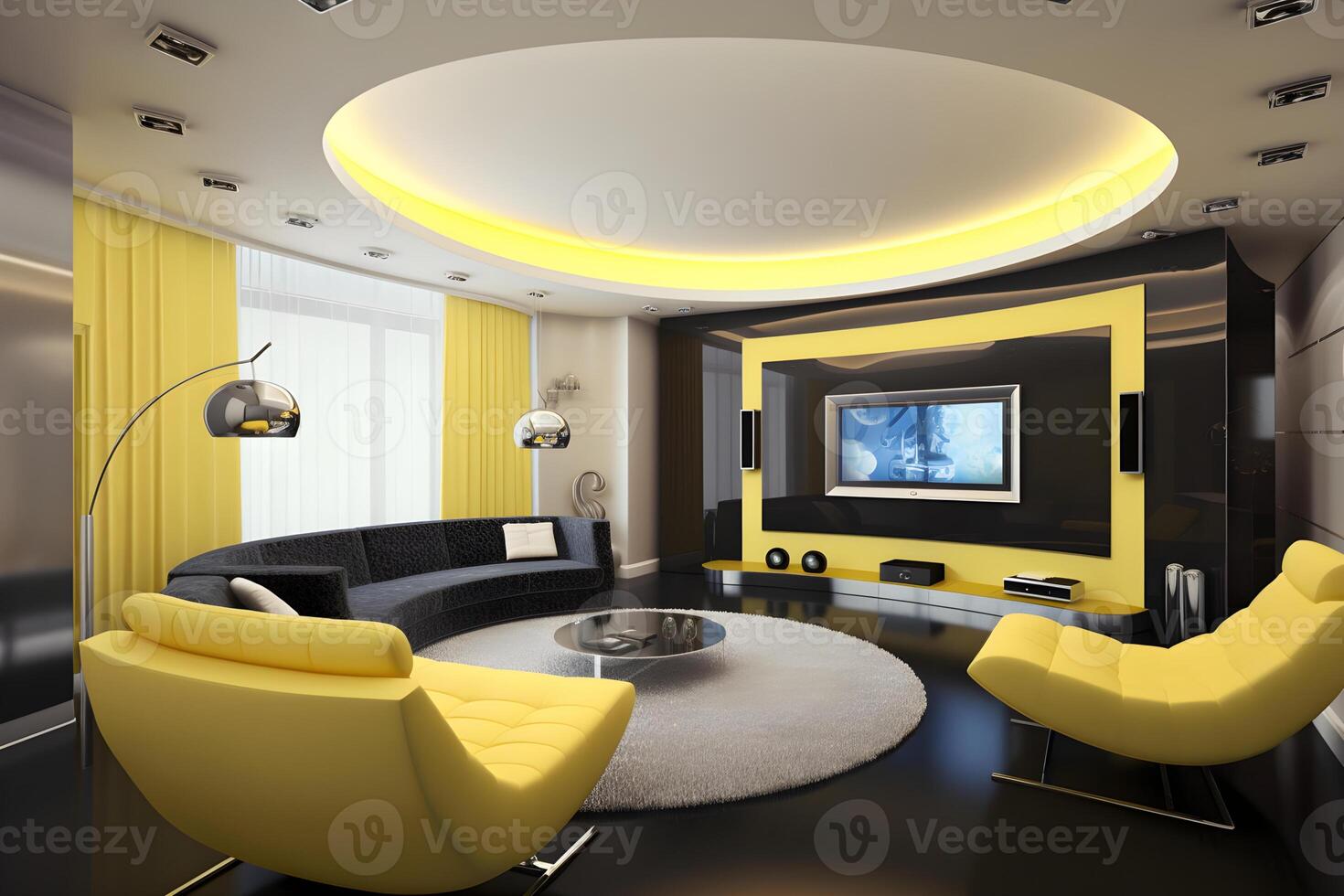 Modern hightech classical interior design living room in yellow tones and color photo