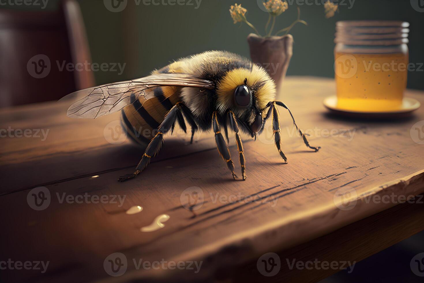 Closeup view of honey bee on the table, in a flight and on honeycomb. Useful insect photo