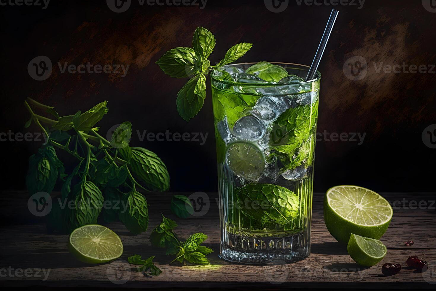 Wet glass of fresh cool cold mohito cocktail on the table at beach at summer time. Abstract surreal magic cocktail in space or other planet like mars. Under water ocean beverage. photo