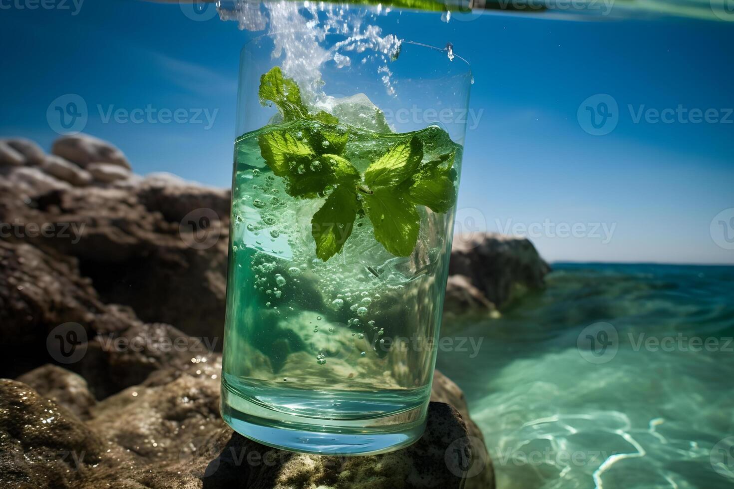 Wet glass of fresh cool cold mohito cocktail on the table at beach at summer time. Abstract surreal magic cocktail in space or other planet like mars. Under water ocean beverage. photo